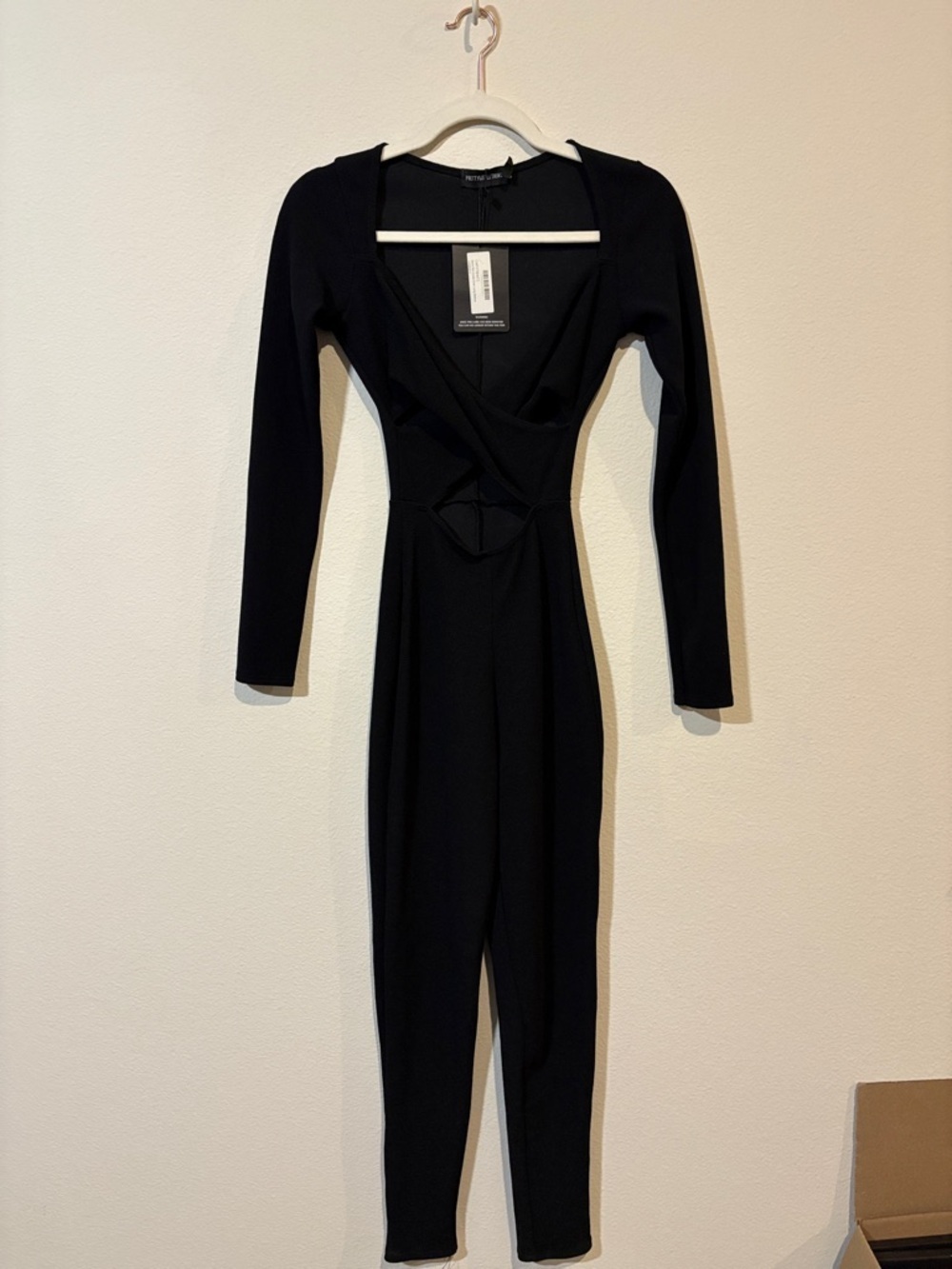 Black Rib Cross Over Long Sleeve  Jumpsuit
